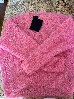 Sally LaPointe Pink Fuzzy V-Neck Sweater